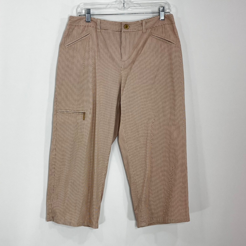 Rafaella Striped Cropped Pants Womens 12 Tan White Pinstripe Cargo Pocket Cotton